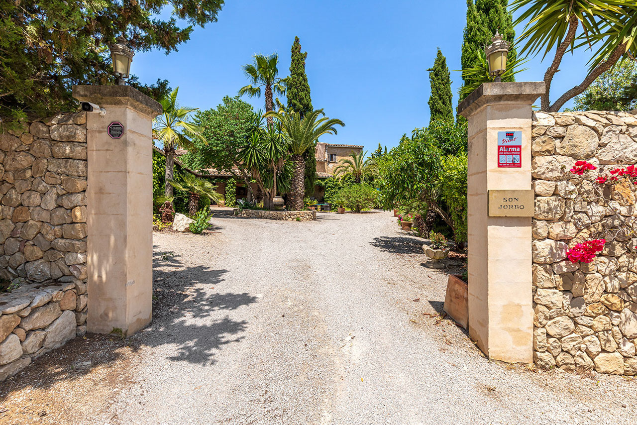 The dry-stone gateposts at the entrance to Son Jorbo, a gravel drive curving in past palms and cypresses toward the house, a small SON JORBO sign on the stone