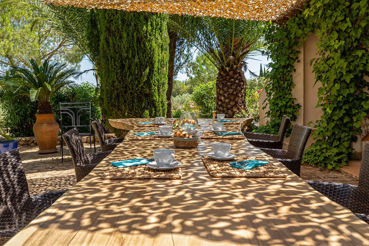 The long finca table laid under a reed canopy, dappled afternoon light across the wood, place settings in turquoise, cypresses and the olive grove beyond